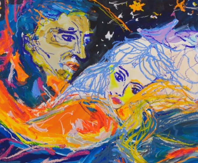 Detail of Orbit (2026) by Claus Bertermann - the man's face under dark hair and the woman's pale face with blue eyes, her lilac and white hair flowing into the night sky, drawn in oil stick