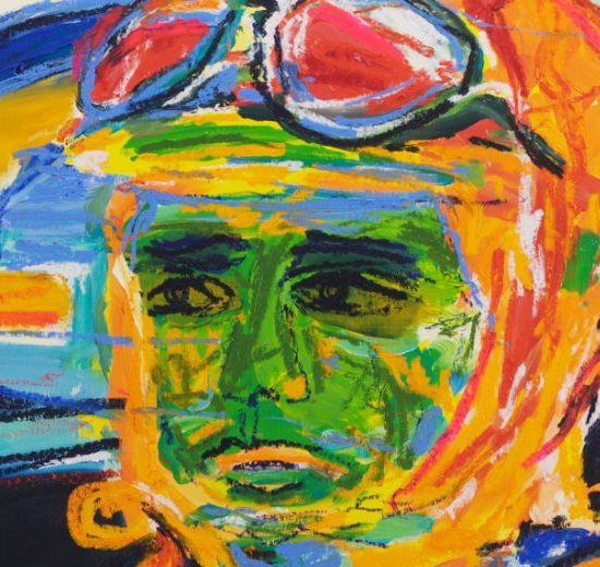 Detail of Cross the Line (2026) by Claus Bertermann - the driver's calm face in emerald and lime green with dark eyes, an orange leather helmet and red goggles pushed up on his forehead, drawn in oil stick