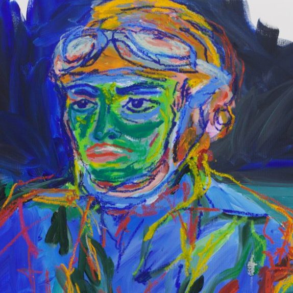 Detail of Stranded on Track (2026) by Claus Bertermann - the driver's green face with red lips and determined eyes under a leather helmet with goggles pushed up, drawn in blue, orange and yellow oil stick