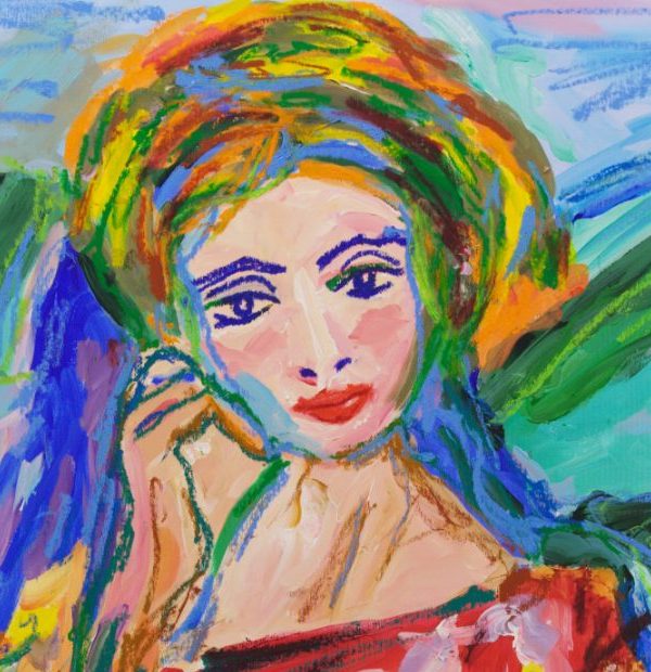 Detail of As de Oros (2026) by Claus Bertermann - the woman's face with dark blue eyes and red lips under a wreath of green, yellow and orange, her hand raised to her cheek, drawn in oil stick