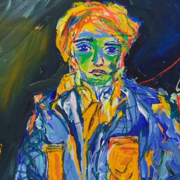 Detail of Parc Ferm&eacute; (2026) by Claus Bertermann - the driver's face in green and blue with steady eyes under orange hair drawn in oil stick, above the collar of a blue jacket