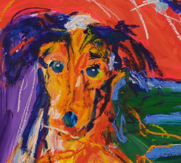 Detail of Gatekeeper (2026) by Claus Bertermann - the head of a slender hound in warm orange and brown with long dark blue ears and blue eyes, sitting in front of a red coat and a green armchair