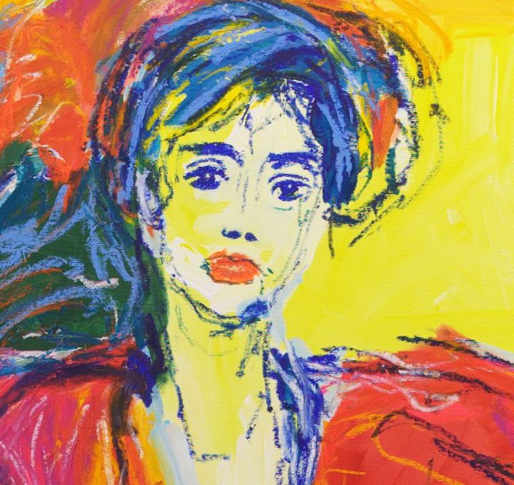 Detail of Gatekeeper (2026) by Claus Bertermann - the woman's face in luminous yellow with dark blue eyes, short ultramarine hair and coral-red lips, drawn in blue oil stick against a glowing yellow wall