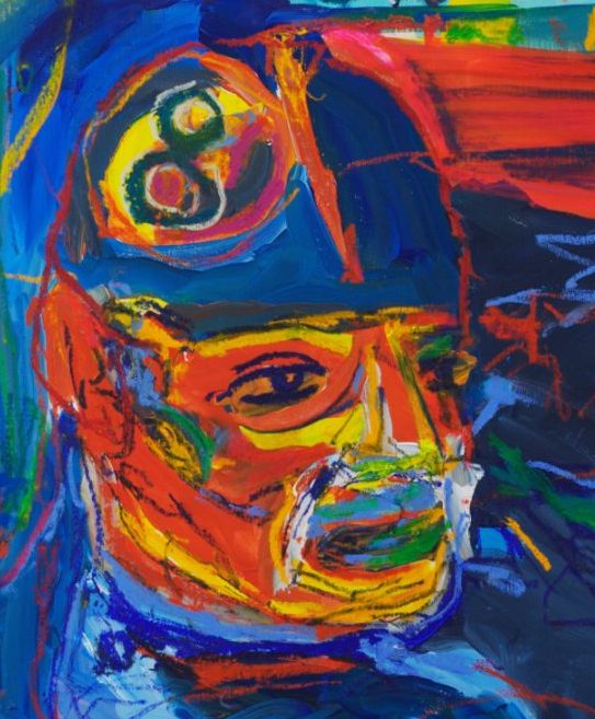 Detail of Eau Rouge (2026) by Claus Bertermann - the driver's face in warm orange and yellow under a dark blue helmet with the number 8 on a yellow roundel, one calm, focused eye and a multicoloured cloth mask over mouth and nose, drawn in oil stick