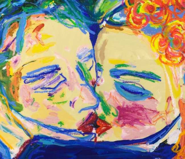 Detail of Beso (2026) by Claus Bertermann - two faces meeting in a kiss, eyes closed in blue oil stick, lips meeting in bright red, cheeks in pale yellow, pink and magenta