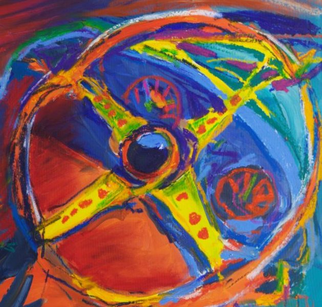 Detail of Eau Rouge (2026) by Claus Bertermann - a large steering wheel with drilled yellow spokes and an orange rim around a dark central boss, two round gauges behind it, in cobalt, ultramarine, orange and red oil stick and acrylic