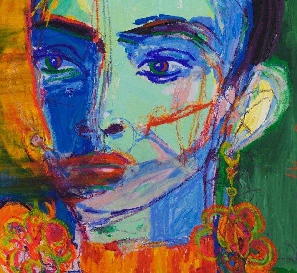 Detail of Pianissimo (2026) by Claus Bertermann - the woman's face in deep blue and mint green with steady eyes and red lips, sweeping ochre strokes passing across the left side of her face, large orange flower earrings below