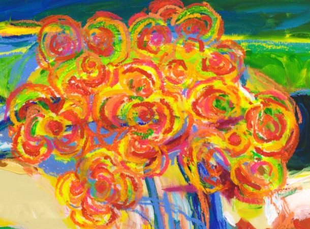 Detail of Beso (2026) by Claus Bertermann - red, orange and yellow flowers in her hair, drawn in oil stick as small spinning spirals against a green background