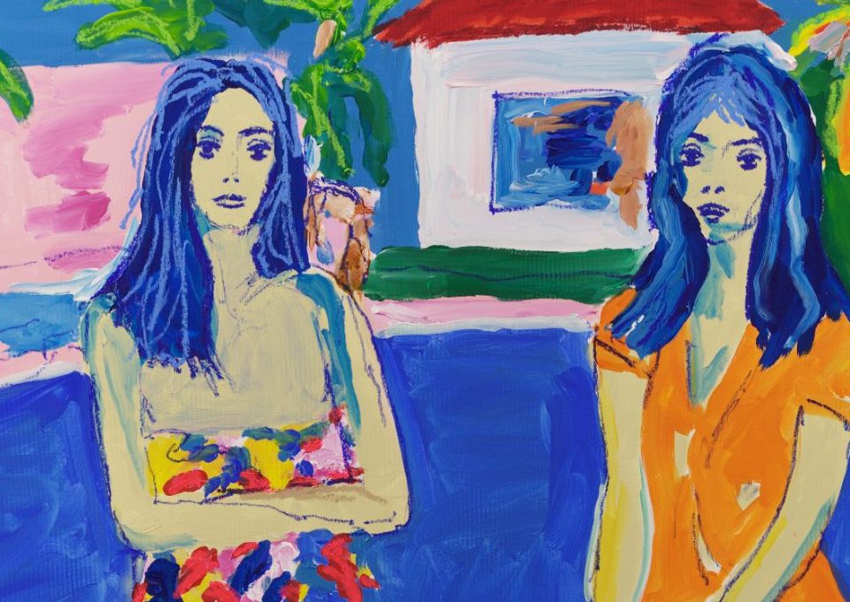 Detail of Twin Palms (2026) by Claus Bertermann - two young women with blue hair and almost identical faces, one in a flowered strapless dress with crossed arms, one in a bright orange dress, in front of a white house with a red roof and a deep blue pool