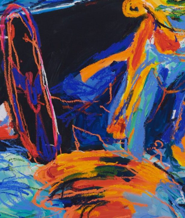 Detail of Cross the Line (2026) by Claus Bertermann - a black steering wheel with a red oil-stick rim and the driver's orange hand resting on the deep blue side of the car