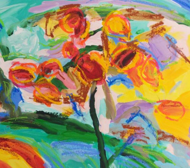 Detail of As de Oros (2026) by Claus Bertermann - a tree with round golden-orange fruits drawn in oil stick, above the band of red and yellow that flows to the lower right