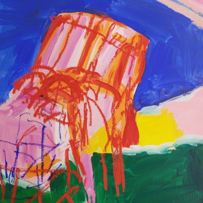 Detail of Twin Palms (2026) by Claus Bertermann - a pink-and-white striped garden chair drawn in red oil stick at the edge of a deep blue pool, with yellow light and green lawn