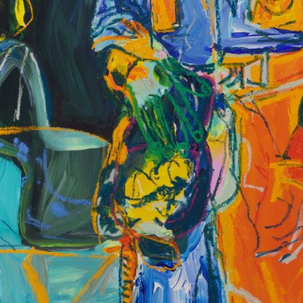 Detail of Parc Ferm&eacute; (2026) by Claus Bertermann - the driver's hand holding a yellow and green helmet against his orange trousers and blue jacket, in front of the turquoise body of the car
