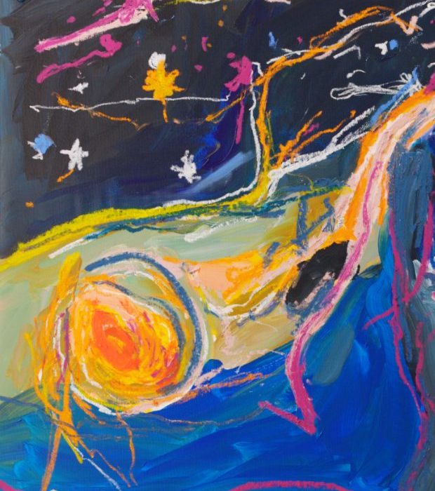 Detail of Orbit (2026) by Claus Bertermann - a glowing orange sun drawn in circles of oil stick against deep blue, below a night sky with small yellow and white stars