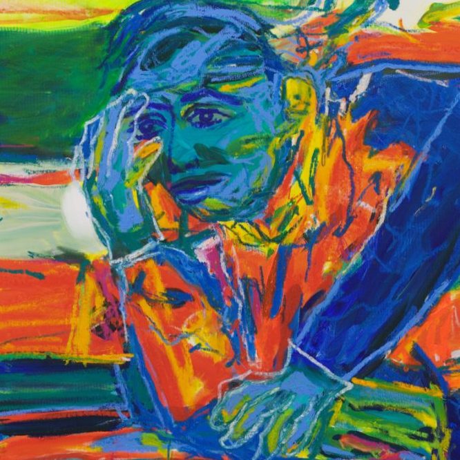 Detail of Pit Stop (2026) by Claus Bertermann - the mechanic's face in turquoise and green, one hand pressed to his temple, the other braced on the wing of the car, drawn in blue, orange and yellow oil stick