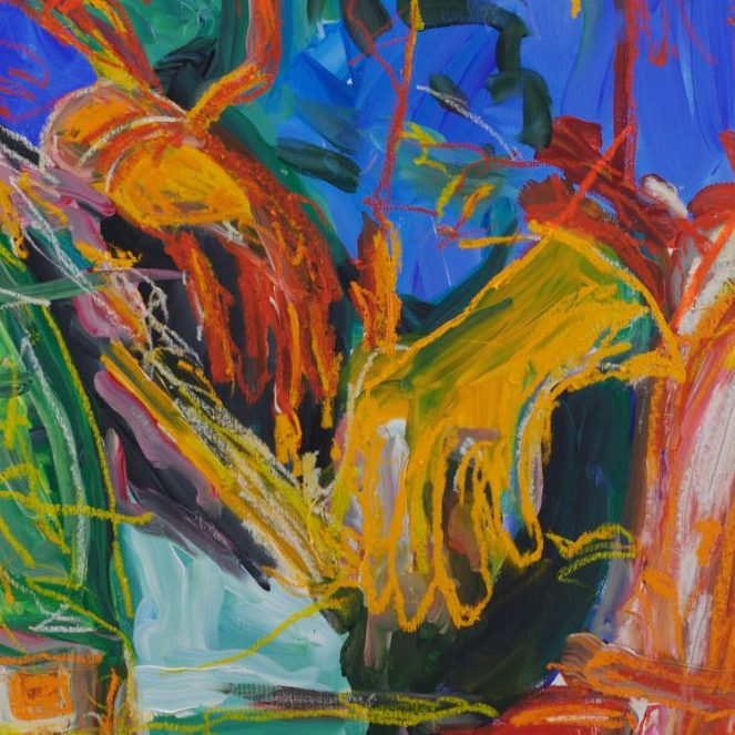 Detail of Stranded on Track (2026) by Claus Bertermann - the driver's orange gloves resting on his knees, surrounded by dense orange, red and yellow oil-stick lines over the black body of the car