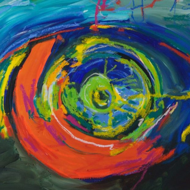 Detail of Pit Stop (2026) by Claus Bertermann - a large orange-red wheel drawn in spinning circles around a bright green hub, on a blue and turquoise car body above a dark green ground