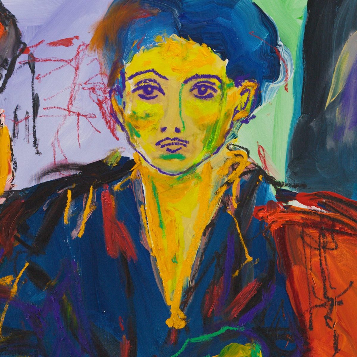 Detail of Affinity (2026) by Claus Bertermann - the sitter's lemon-yellow face with green modelling, violet oil-stick eyebrows, eyes and lips and blue-black hair, above a deep blue robe
