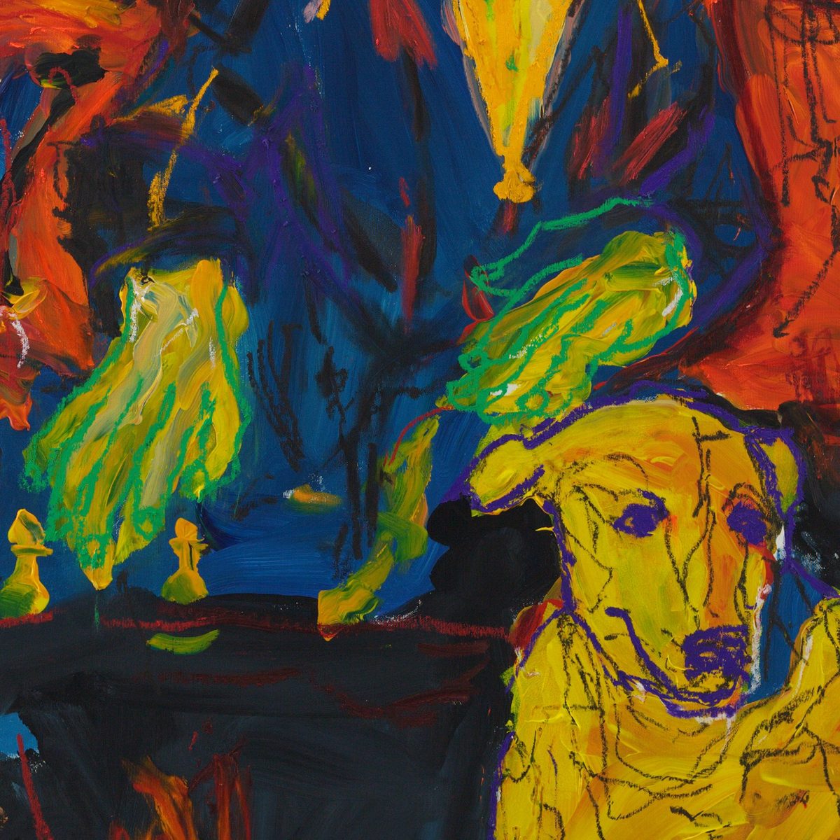 Detail of Affinity (2026) by Claus Bertermann - both hands drawn in green oil stick over yellow, open above a dark table with two small yellow chess pieces, beside the violet-outlined head of the yellow dog looking down at the pieces