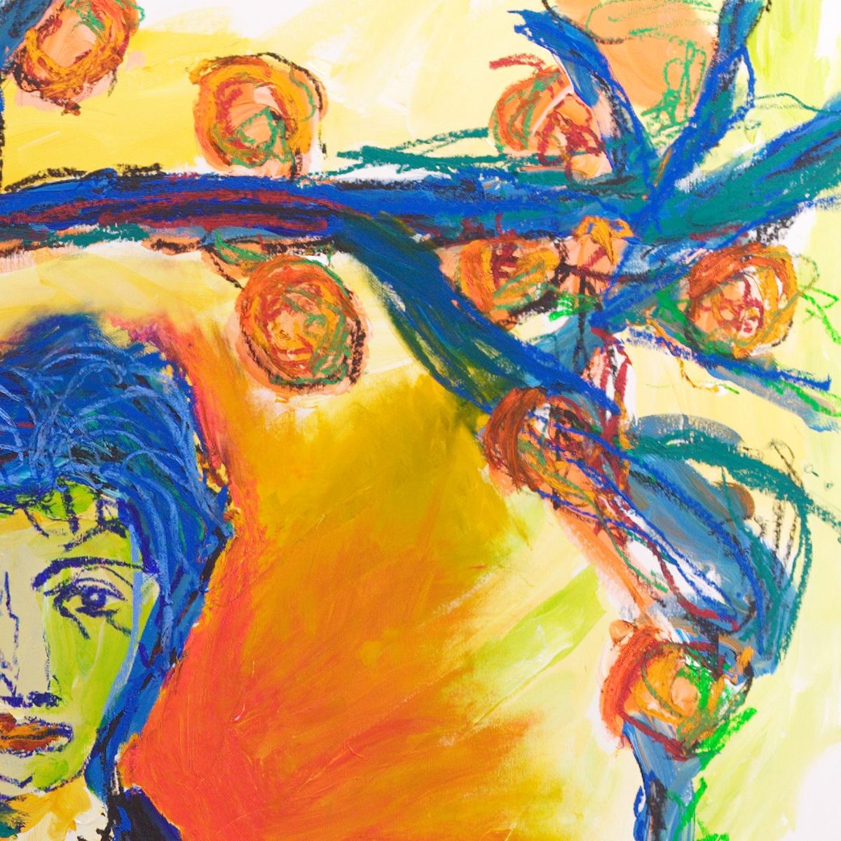 Detail of Common Ground (2026) by Claus Bertermann - ripe orange fruits drawn as scribbled rings in oil stick on a cobalt blue branch, hanging directly beside the blue-haired head of the seated figure against a field of yellow and orange