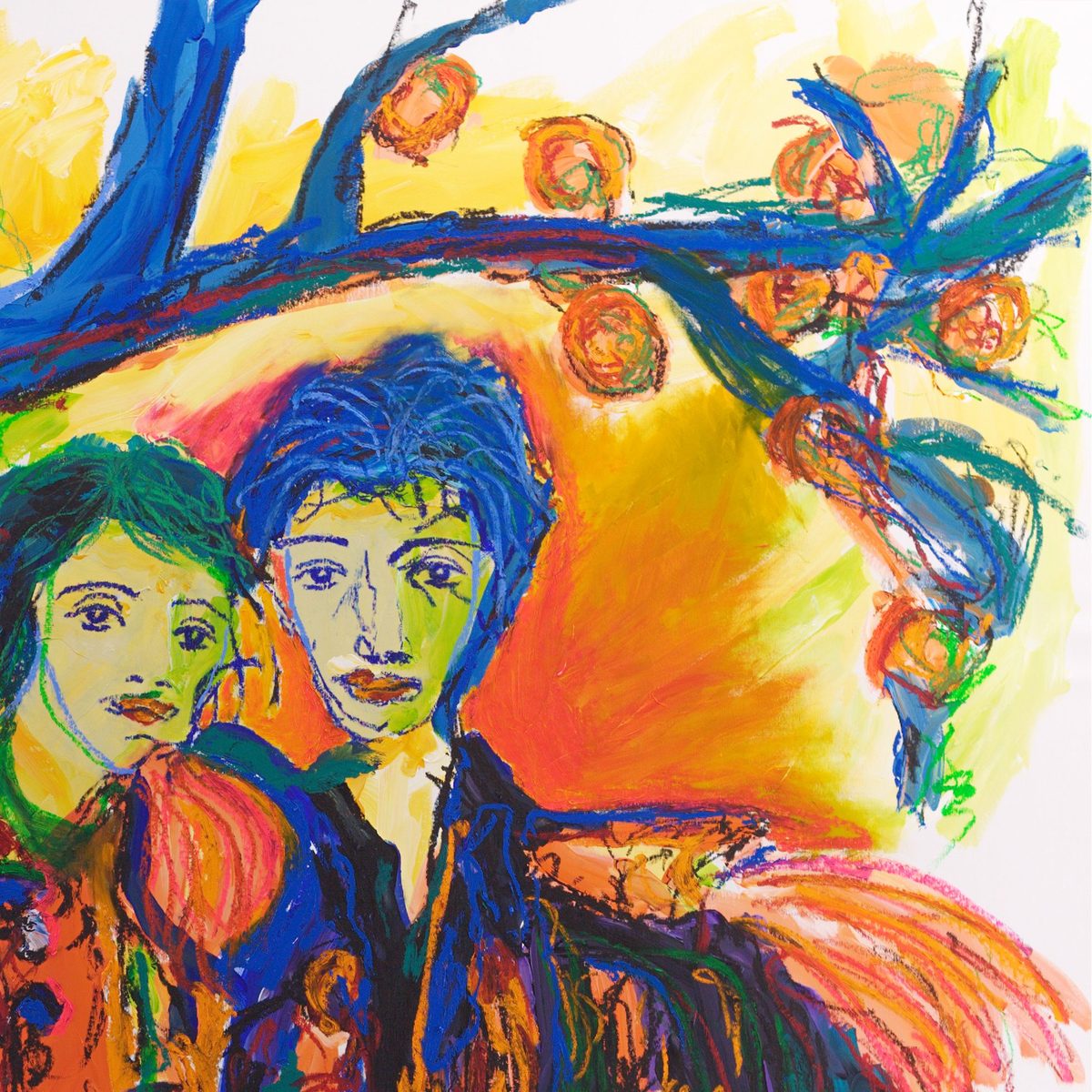 Detail of Common Ground (2026) by Claus Bertermann - the two faces, pale yellow-green and drawn in cobalt blue oil stick with almond eyes and orange mouths, her green-black hair against his cobalt blue hair, an orange halo behind them and the blue branch of the fruit tree passing above