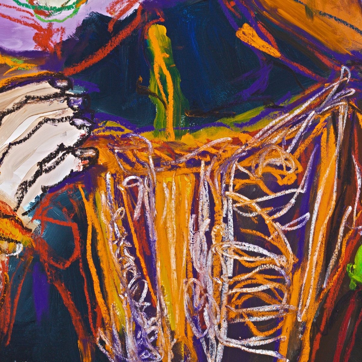 Detail of Cosplay Royale (2026) by Claus Bertermann — the orange laced bodice worked over with white and lilac oil-stick cord, with the sitter's white hand and black contour lines at the left