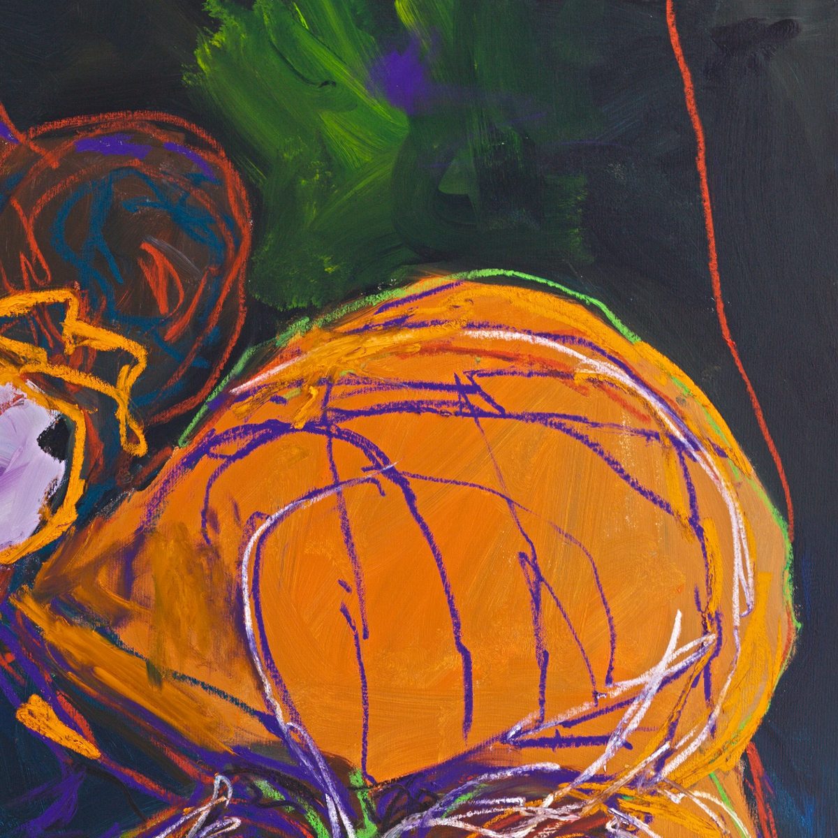 Detail of Cosplay Royale (2026) by Claus Bertermann — one of the enormous orange puffed sleeves, ribbed with violet and white oil-stick lines that read as seams, against black and a sweep of green acrylic