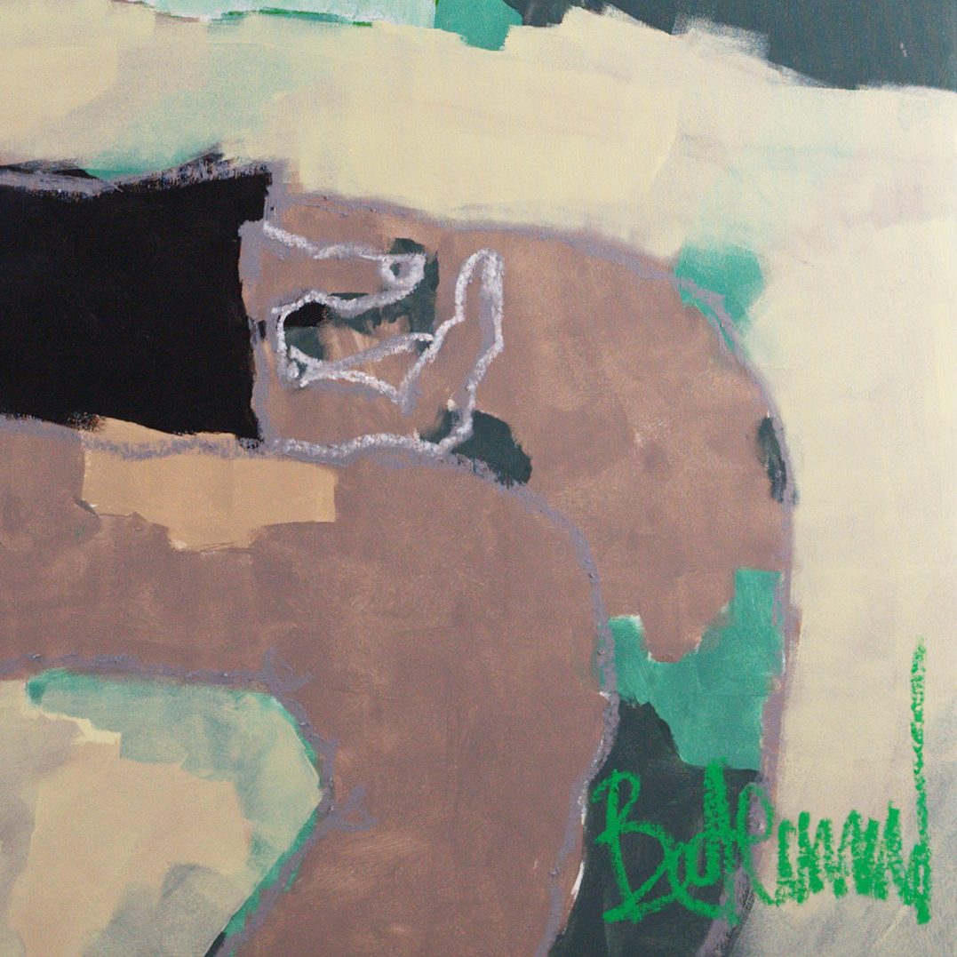 Detail of Elsewhere (2026) by Claus Bertermann — a hand drawn in silver-grey oil stick resting on the knee, warm skin tones over coarse roller-applied acrylic, green signature