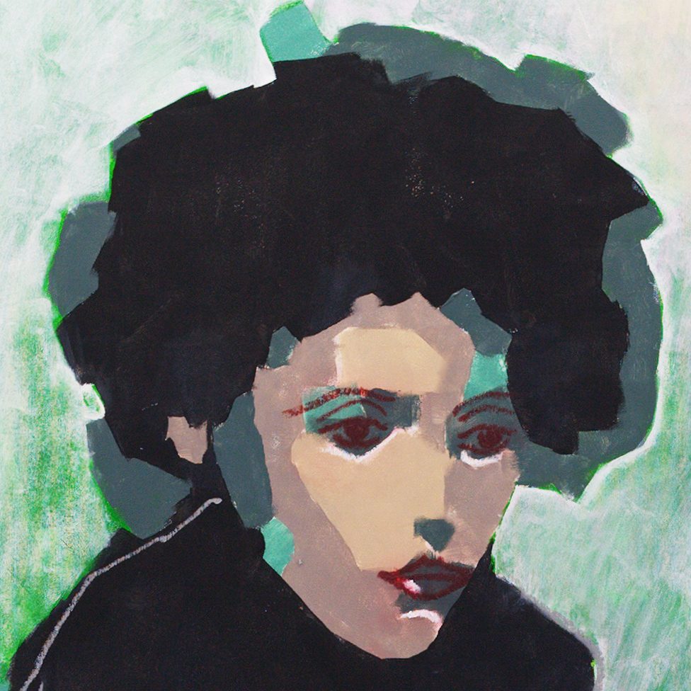 Face detail of Elsewhere (2026) by Claus Bertermann — features built from flat colour fields, dark hair blocked in black, lowered gaze, roller-applied acrylic in mint green and white behind