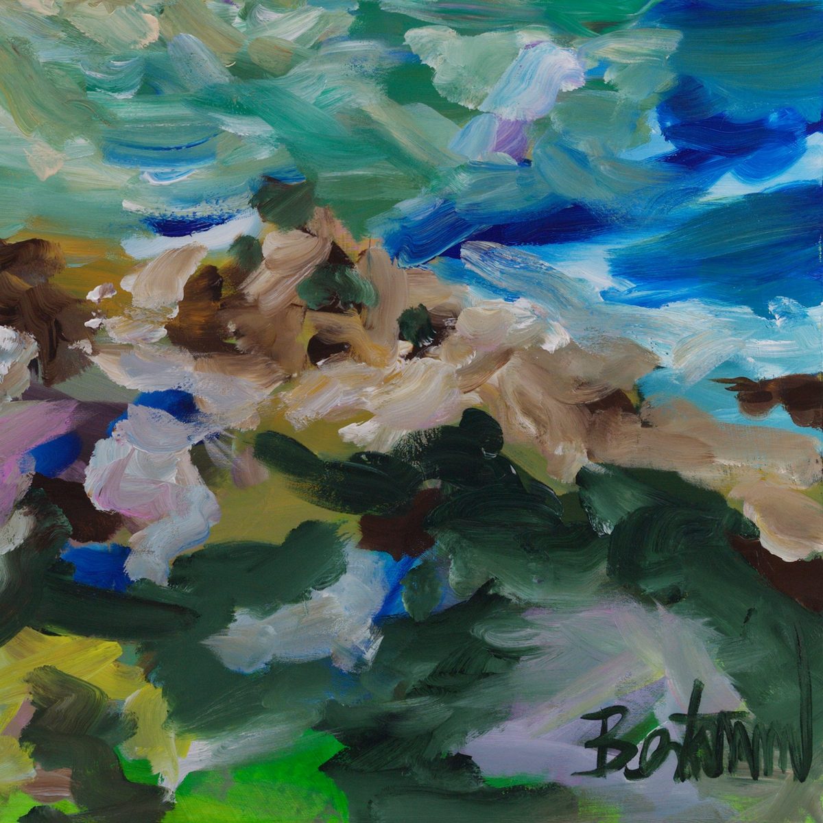 Detail of Formentera 01 (2026) by Claus Bertermann — the rocky shore of the bay in ochre, tan and dark green merged wet-in-wet against turquoise and cobalt water, signed Bertermann in dark paint at the lower right
