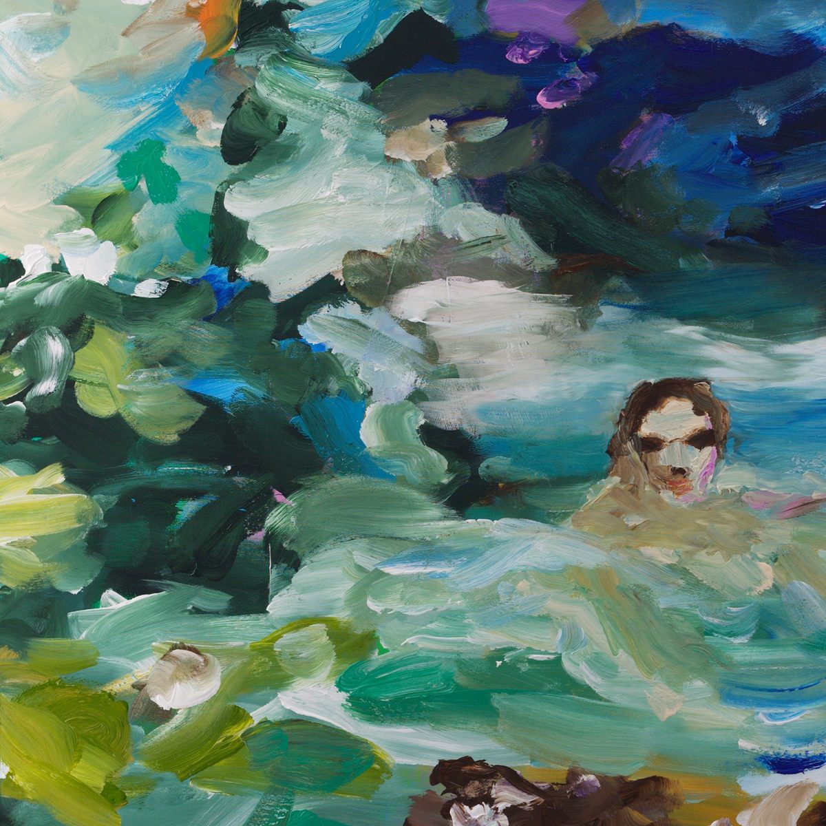 Detail of Formentera 01 (2026) by Claus Bertermann — a dark-haired swimmer with sun on her face, shoulders and torso merging wet-in-wet into teal, mint and cobalt water flecked with white foam