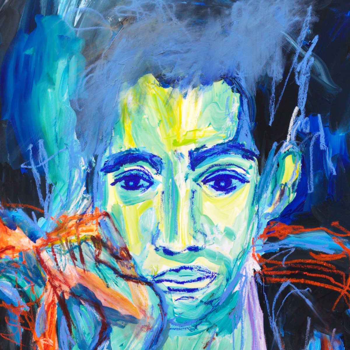 Detail of Gambit (2026) by Claus Bertermann - the young man's turquoise and pale yellow face with brows, eyes, nose and mouth drawn in strong cobalt oil stick, his cheek resting on a red-orange scribbled hand, dark hair dissolving into pale blue against a near-black background