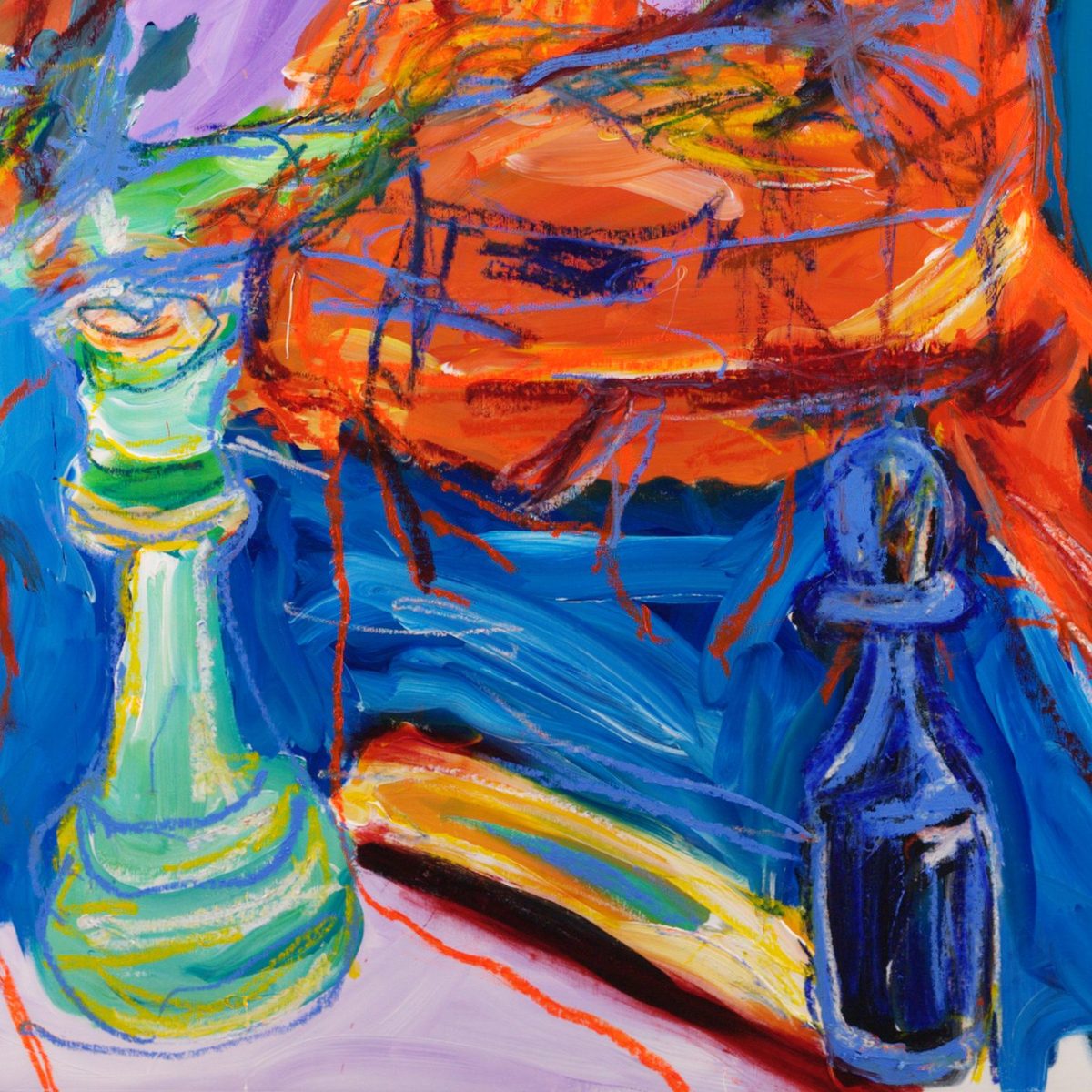 Detail of Gambit (2026) by Claus Bertermann - a tall pale green chess piece with a ringed collar drawn in white and yellow oil stick and a dark navy piece standing on a blue ground in front of an orange table top crossed by red and blue lines