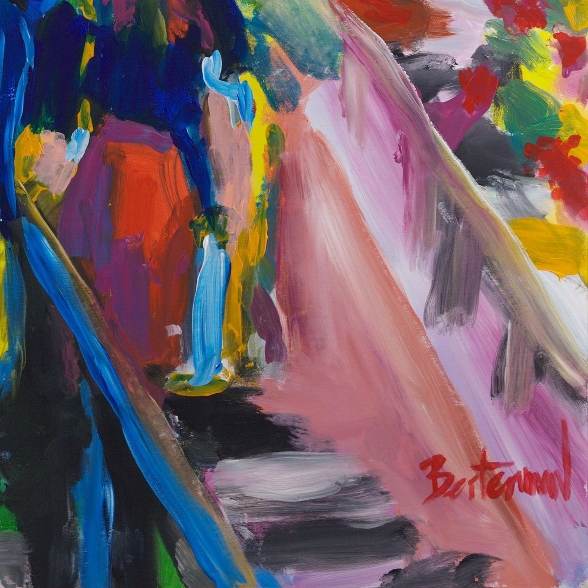 Detail of Grimaud (2026) by Claus Bertermann — the lower steps of the village staircase with a tan handrail, blues, reds and pinks merged wet-in-wet, signed Bertermann in red at the lower right