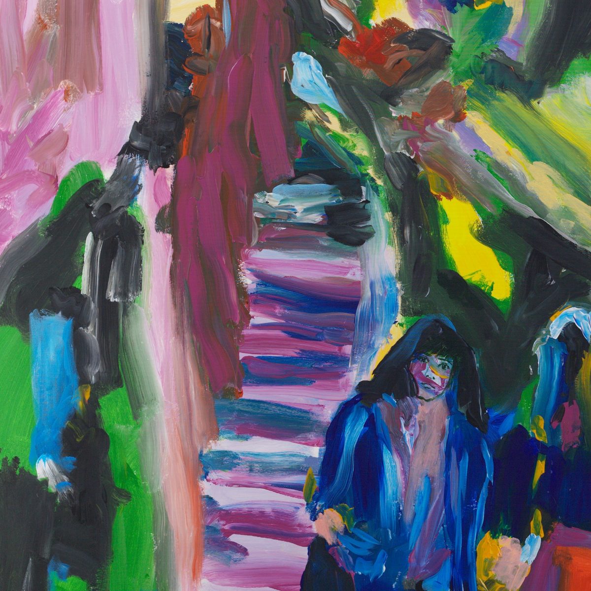 Detail of Grimaud (2026) by Claus Bertermann — a dark-haired woman in luminous blue descends the mauve village staircase, her face broken into strokes of green, yellow and red, painted wet-in-wet against pink walls and dark-green foliage