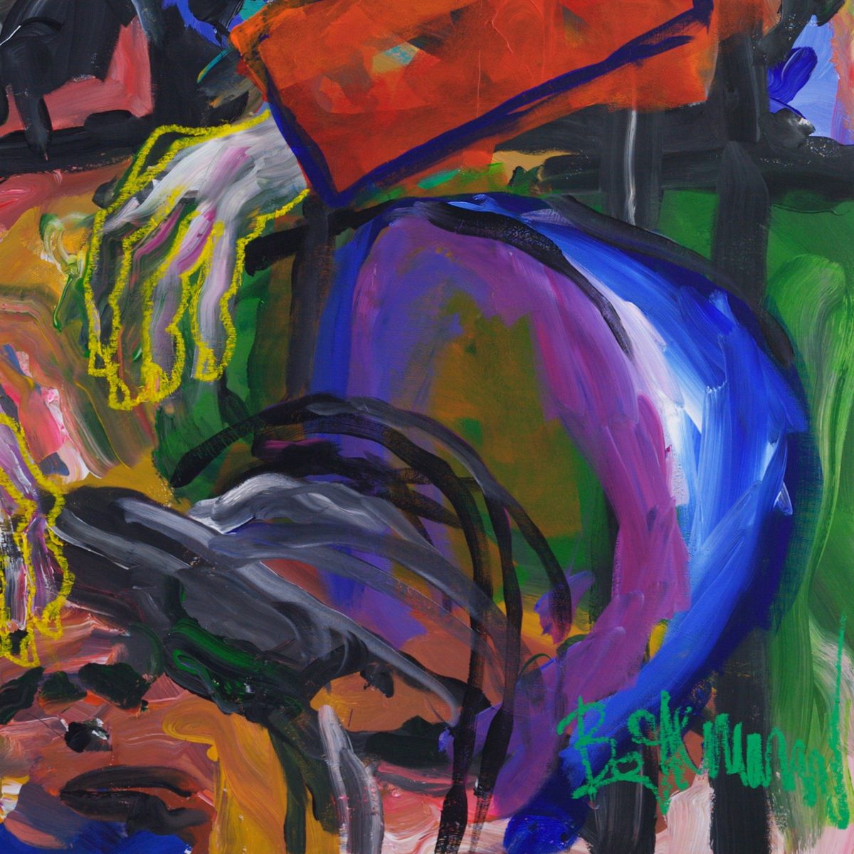 Detail of La Sentinelle (2026) by Claus Bertermann — folded hands in lace gloves drawn with yellow oil stick over rose-pink skin, resting against a chair of deep blues and violets, signed Bertermann in green at the lower right