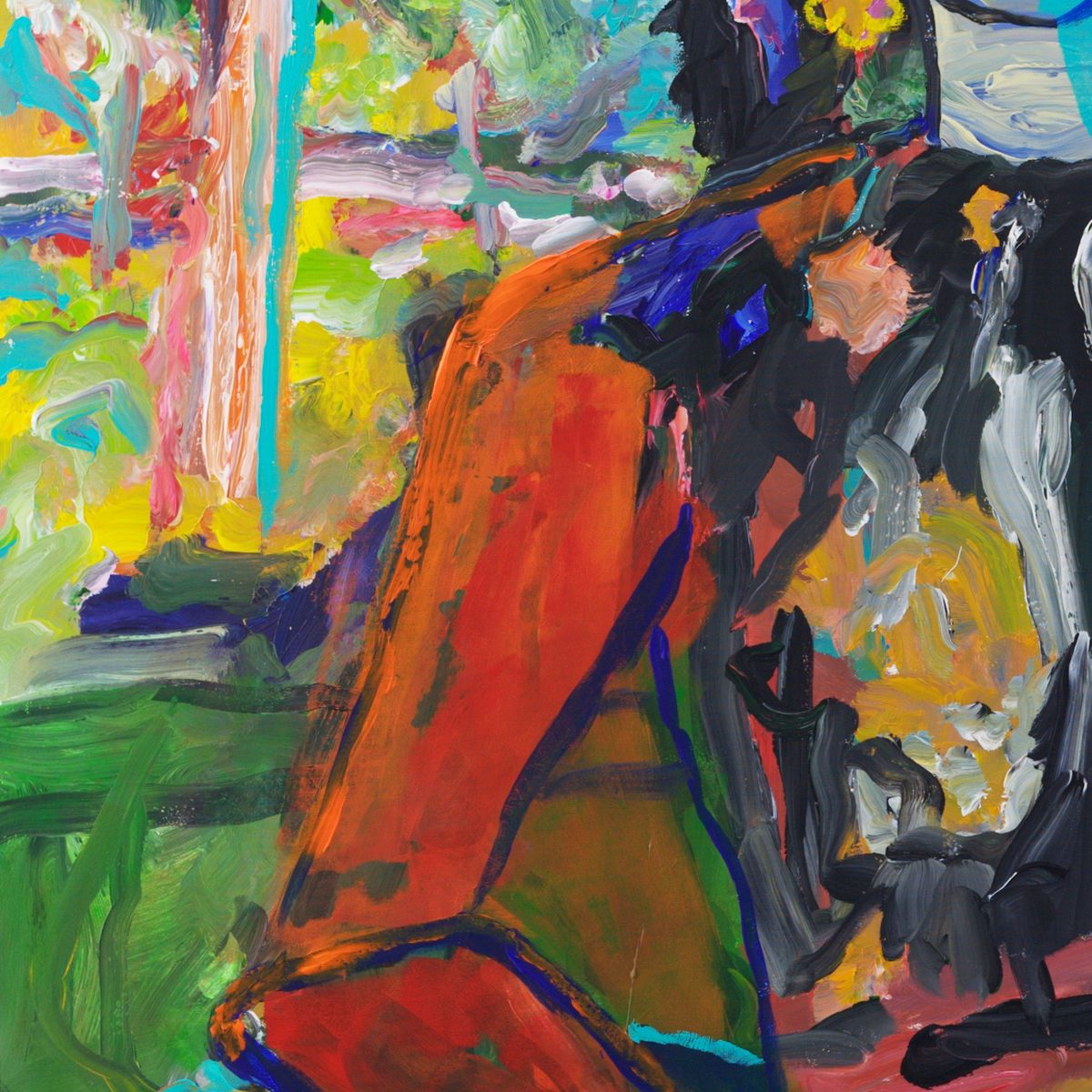 Detail of La Sentinelle (2026) by Claus Bertermann — the flame-orange jacket sleeve edged in cobalt blue against a blossoming tree and green landscape painted wet-in-wet