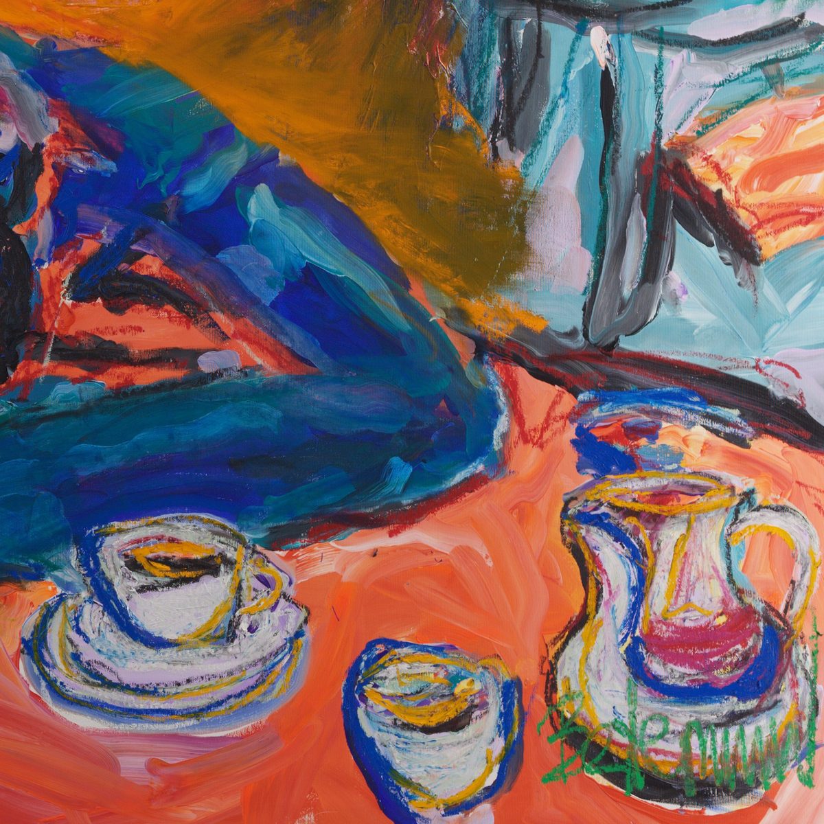 Detail of Le Café (2026) by Claus Bertermann - a white cup on a blue-rimmed saucer, a small bowl and a white jug banded in magenta, drawn in yellow and blue oil stick over a vermilion table, with the green signature at the lower right