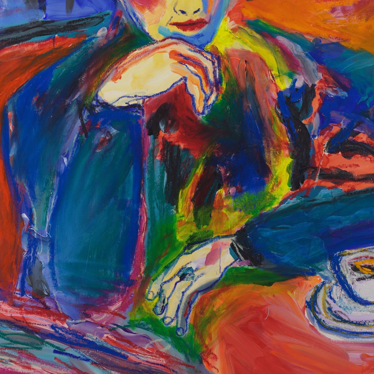 Detail of Le Café (2026) by Claus Bertermann - the seated figure in a deep cobalt jacket, chin resting on the back of one hand, the other hand lying open on the orange table, drawn in blue oil stick over wet acrylic