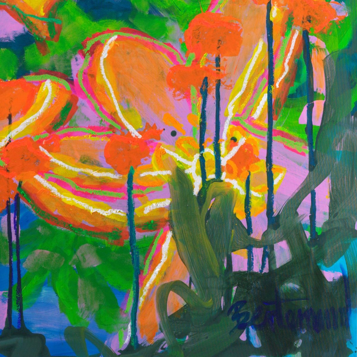 Detail of Liliums XL (2026) by Claus Bertermann — a single orange star-shaped lily, petals outlined in white and yellow oil stick over roller-applied acrylic, against vivid green and blue