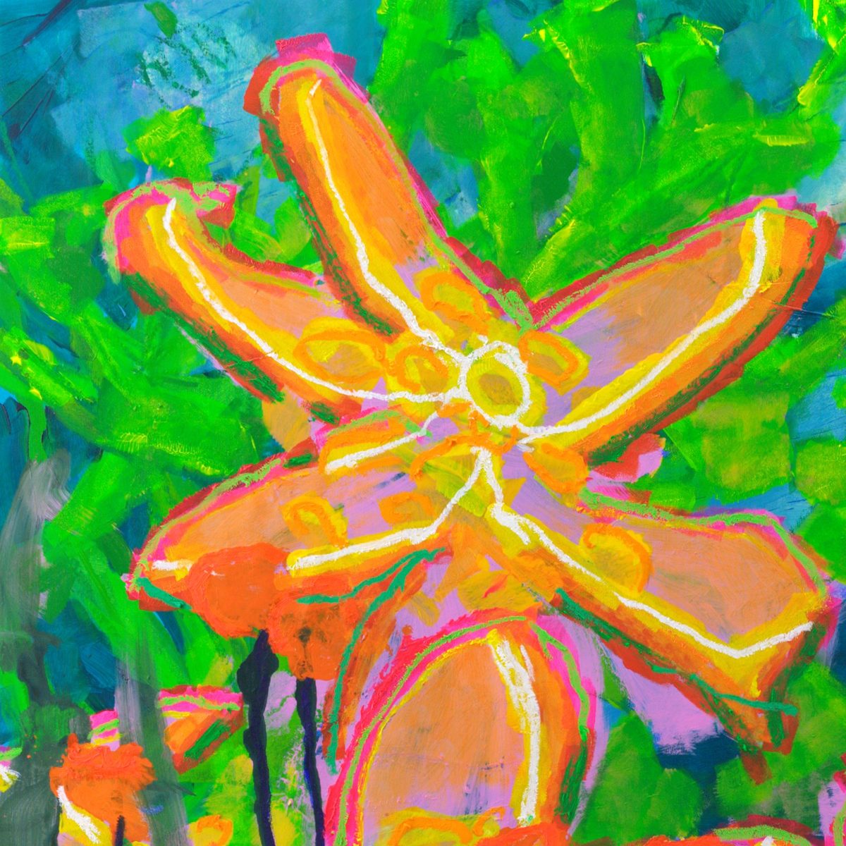 Detail of Liliums XL (2026) by Claus Bertermann — lower blooms and orange bud-clusters on dark drawn stems, white and pink oil-stick outlines over lavender and olive-green acrylic