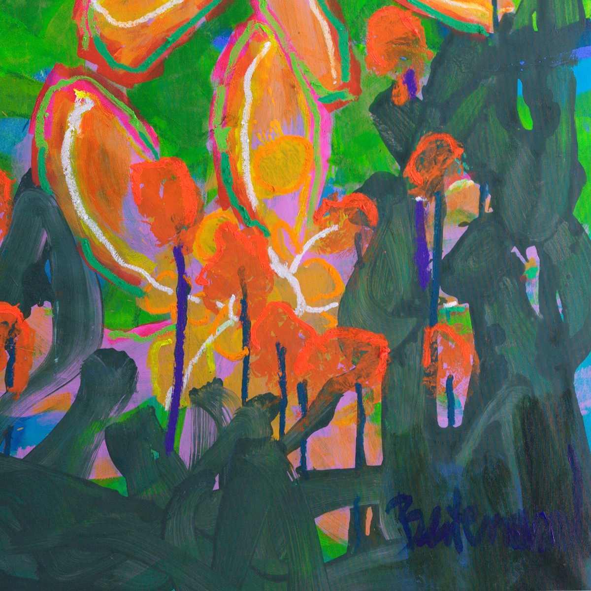 Detail of Liliums XXL (2026) by Claus Bertermann — large orange star-shaped lilies outlined in white and yellow oil stick over roller-applied acrylic, against vivid green foliage and deep blue
