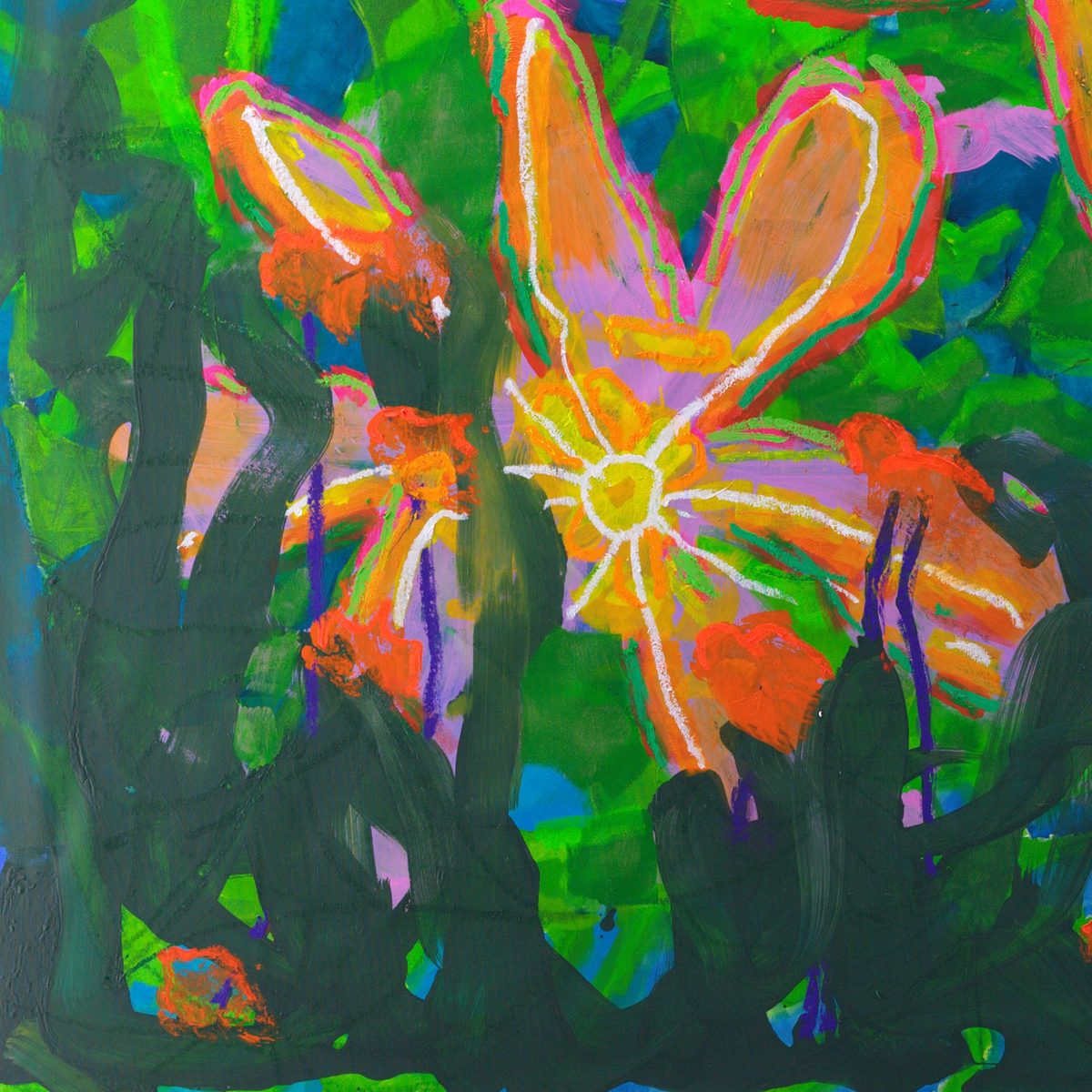 Detail of Liliums XXL (2026) by Claus Bertermann — a dense band of orange bud-clusters on dark drawn stems rising from a near-black undergrowth, lavender and blue behind