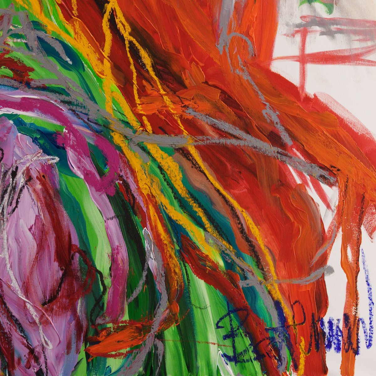 Detail of Madonnina (2026) by Claus Bertermann - vermilion mantle over green dress, torn through with yellow, grey and white oil-stick lines that drip down the wet acrylic, with the signature in blue at the lower right