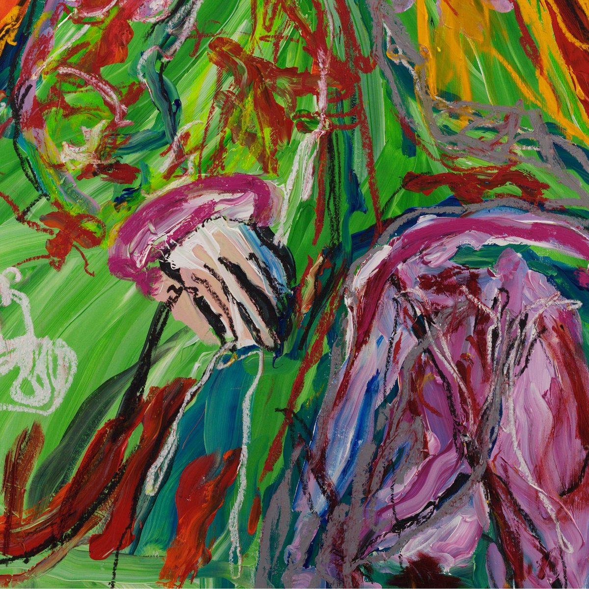 Detail of Madonnina (2026) by Claus Bertermann - two hands folded one over the other in black and white drawing over pale flesh tones, set into a magenta cuff on a green dress scattered with red floral marks
