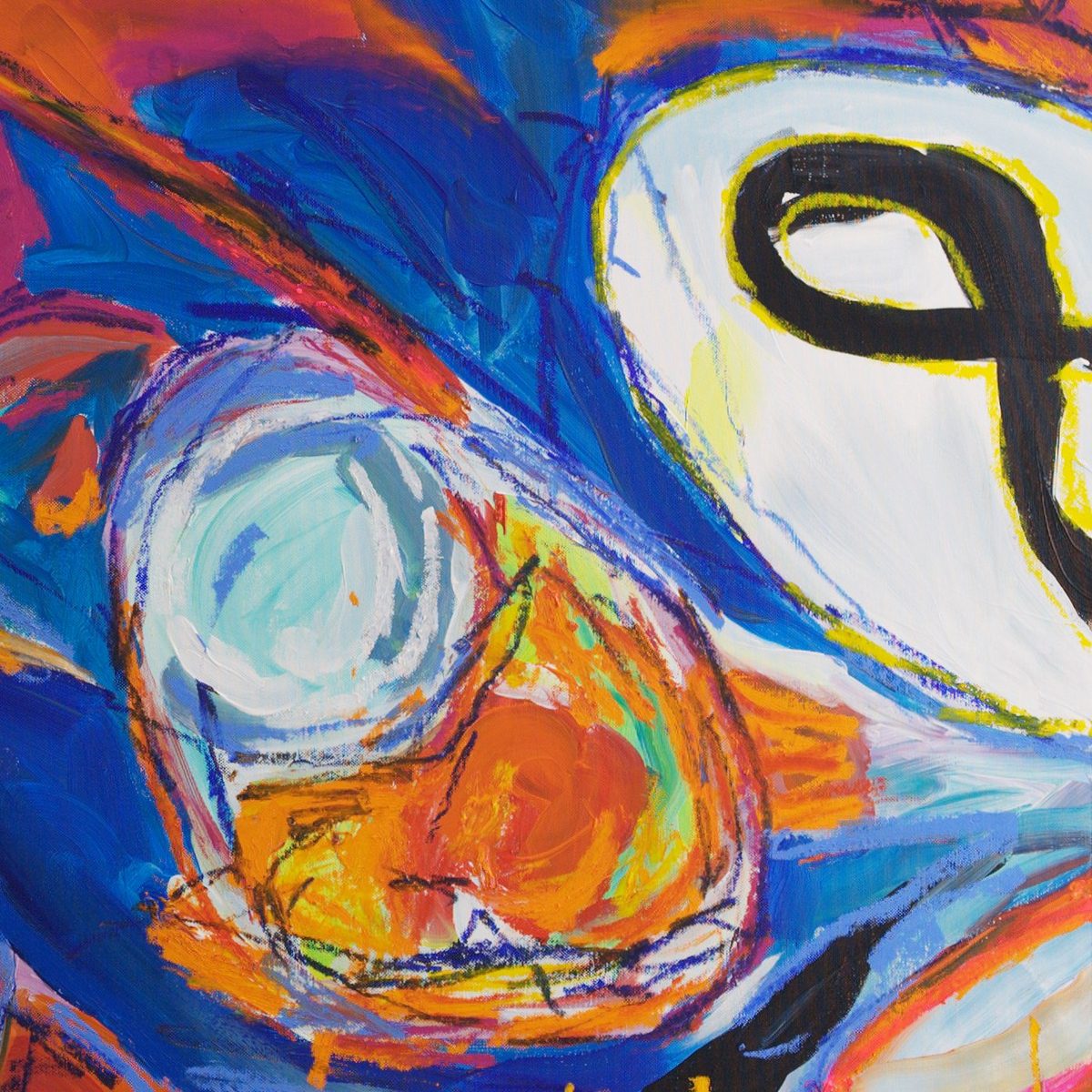 Detail of No Halo (2026) by Claus Bertermann - the round headlight in pale blue, white and orange beside a white roundel with a black number 8 outlined in yellow oil stick, on a cobalt and vermilion car body
