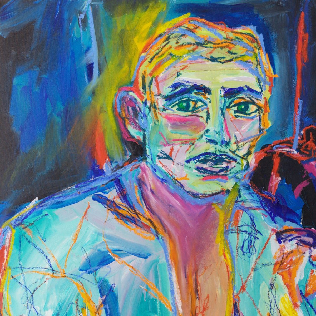 Detail of No Halo (2026) by Claus Bertermann - the racing driver's face in pale mint and turquoise with pink cheeks, dark blue brows and green eyes drawn in oil stick, fair hair in yellow and orange lines, above a turquoise open-necked shirt