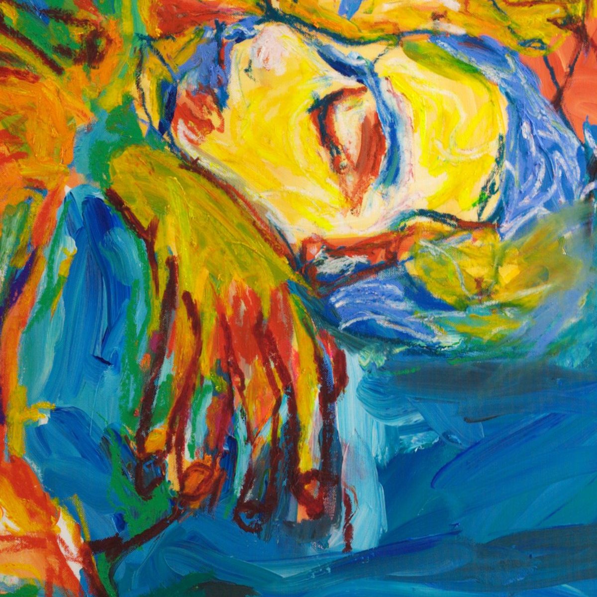 Detail of Nocturne (2026) by Claus Bertermann - the lower sleeping face in cadmium yellow with closed eyes and blue shadows drawn in oil stick, resting on a blue pillow, with long red and orange strands of hair falling down across the blanket