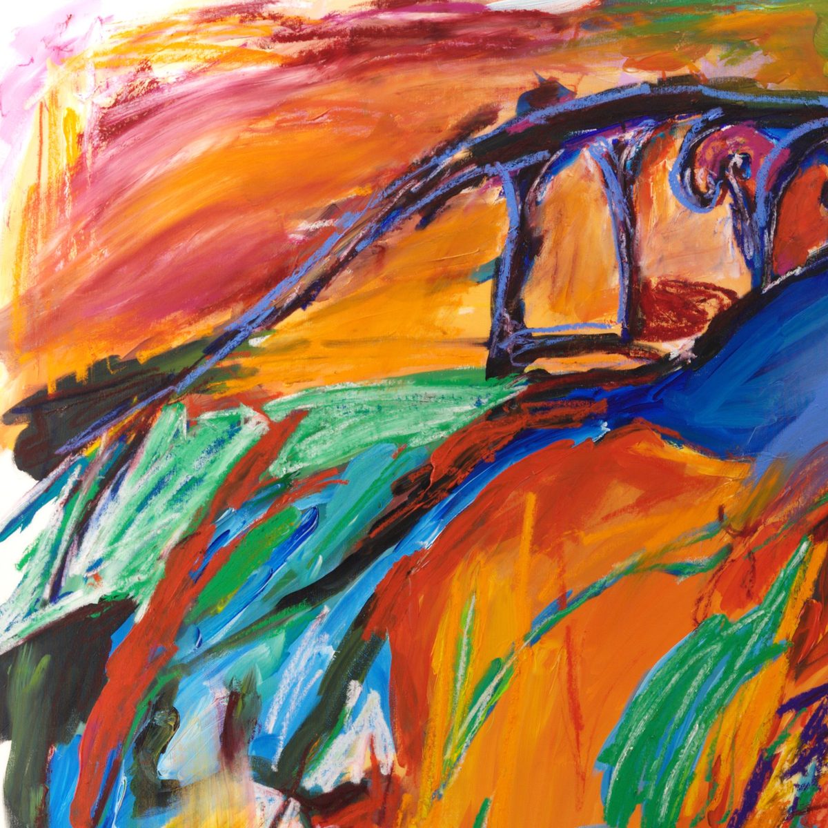Detail of Nocturne (2026) by Claus Bertermann - the iron bed frame drawn in violet, blue and black oil stick with scrolled ornaments, arching over a blue pillow and an orange blanket against a magenta and orange wall