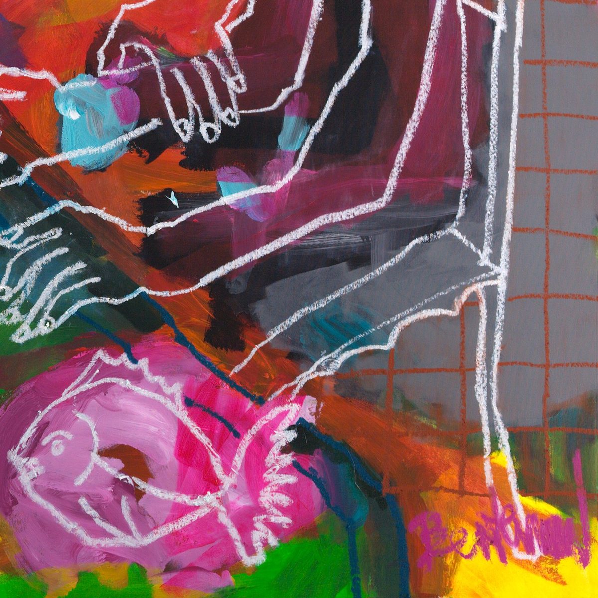 Detail of Rien ne va Plus (2026) by Claus Bertermann — a pink fish drawn in white oil stick on a tray at the lower right, beside the artist's magenta 'Bertermann' signature and an orange lattice pattern